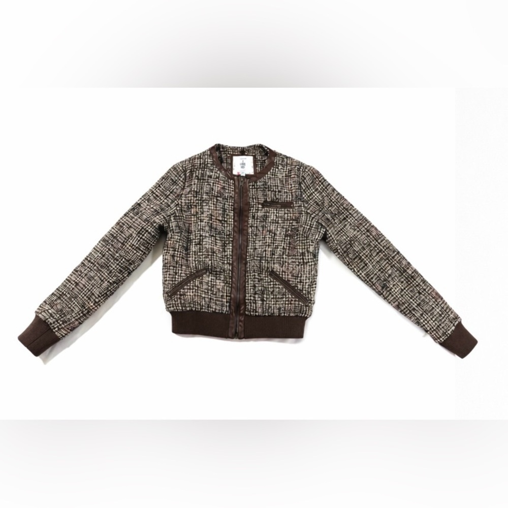 Forever 21 I Love H81 Tweed Bomber Jacket M Brown Faux Leather Zip Plaid Lined - Picture 12 of 12